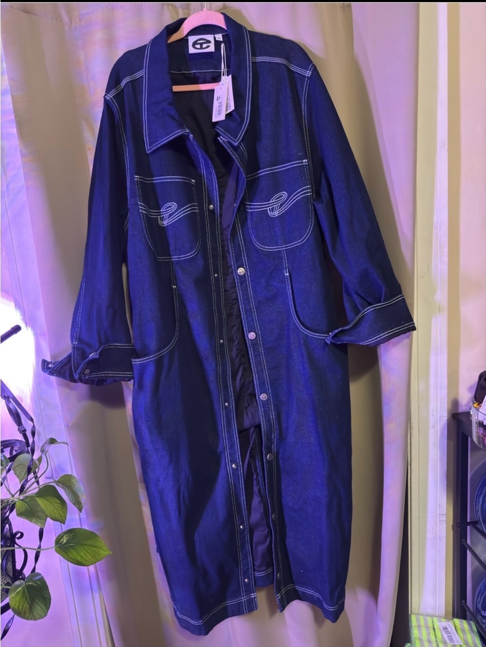 Telfar Indigo Denim Trench Coat with Contrast Stitching